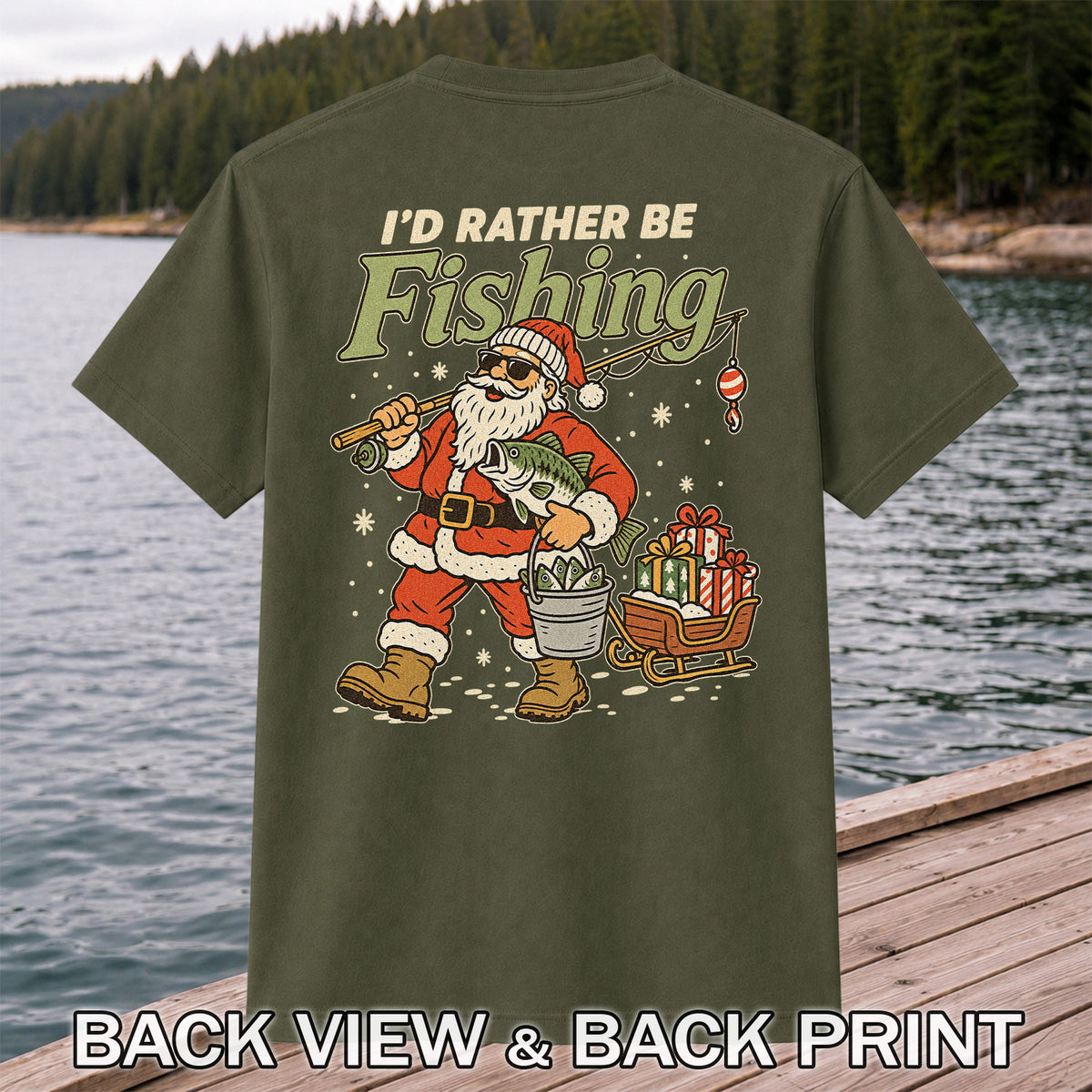 Santa Claus Fishing with Bass Christmas T-Shirt | Back Print