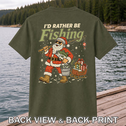 Santa Claus Fishing with Bass Christmas T-Shirt | Back Print