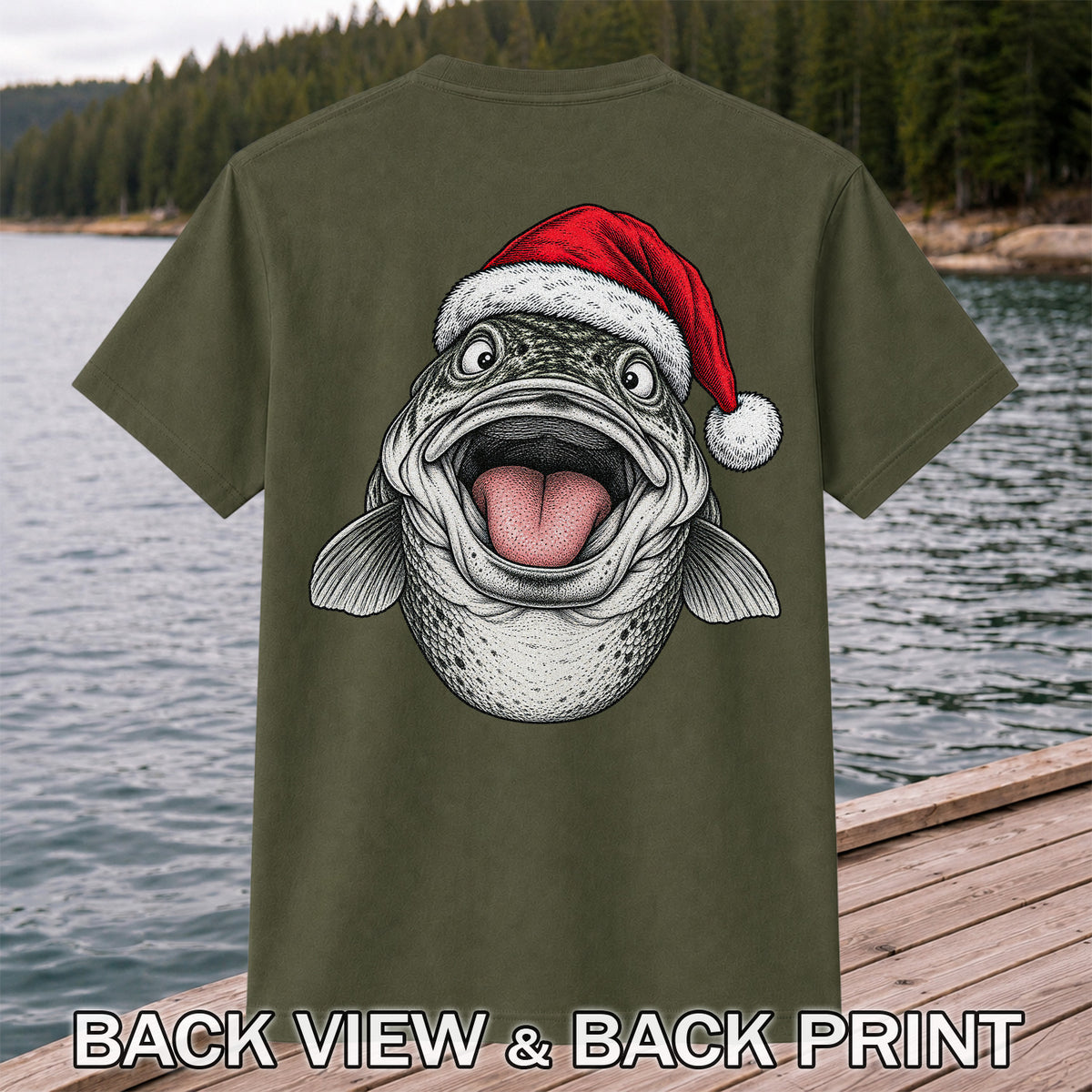 Funny Santa Hat Trout Christmas Fishing Graphic T-Shirt | Back Print