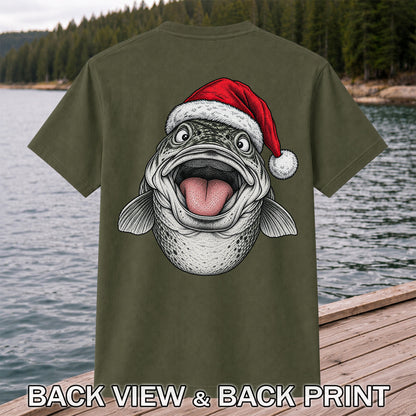 Funny Santa Hat Trout Christmas Fishing Graphic T-Shirt | Back Print