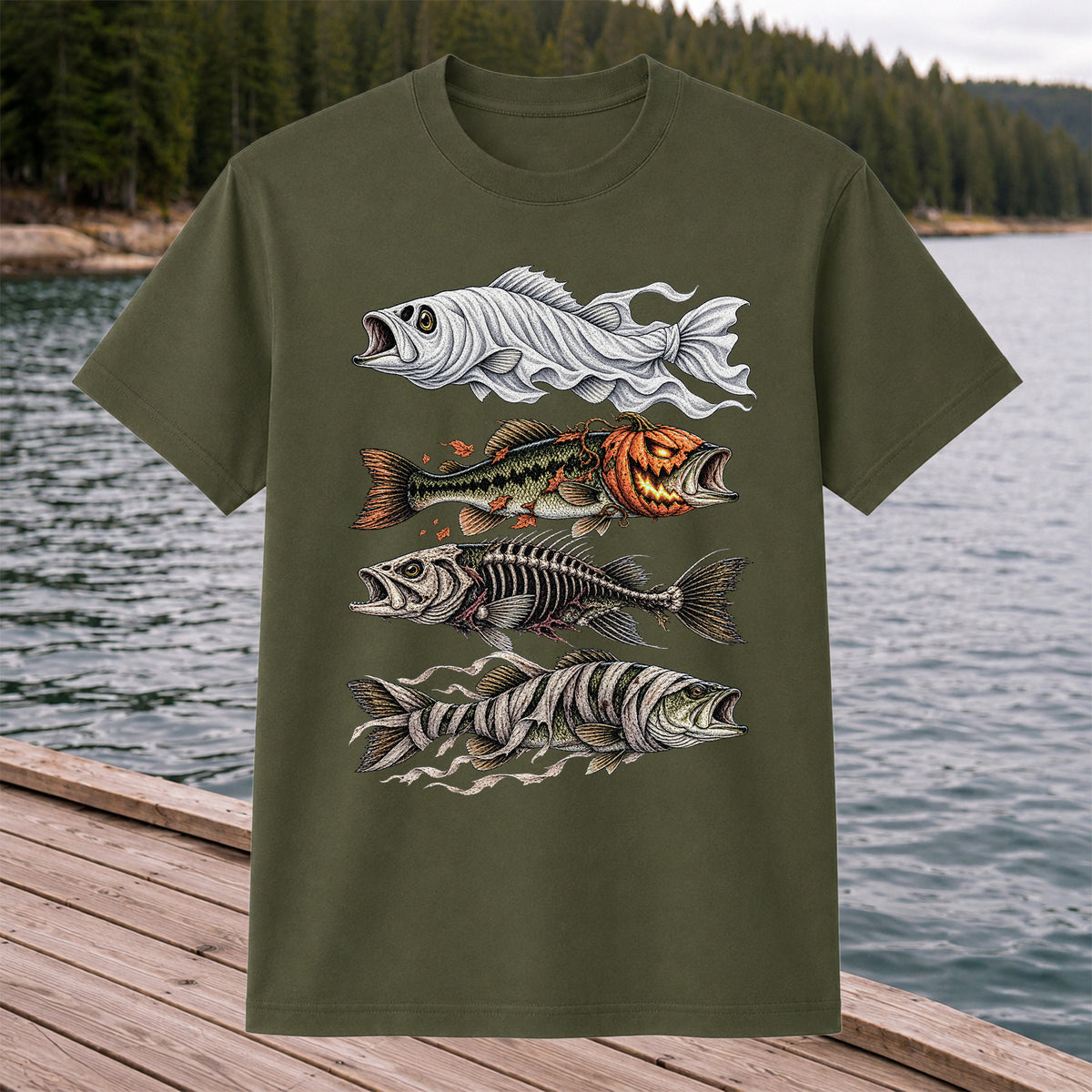 Halloween Bass Ghost Pumpkin Skeleton and Mummy Fish Graphic T-Shirt