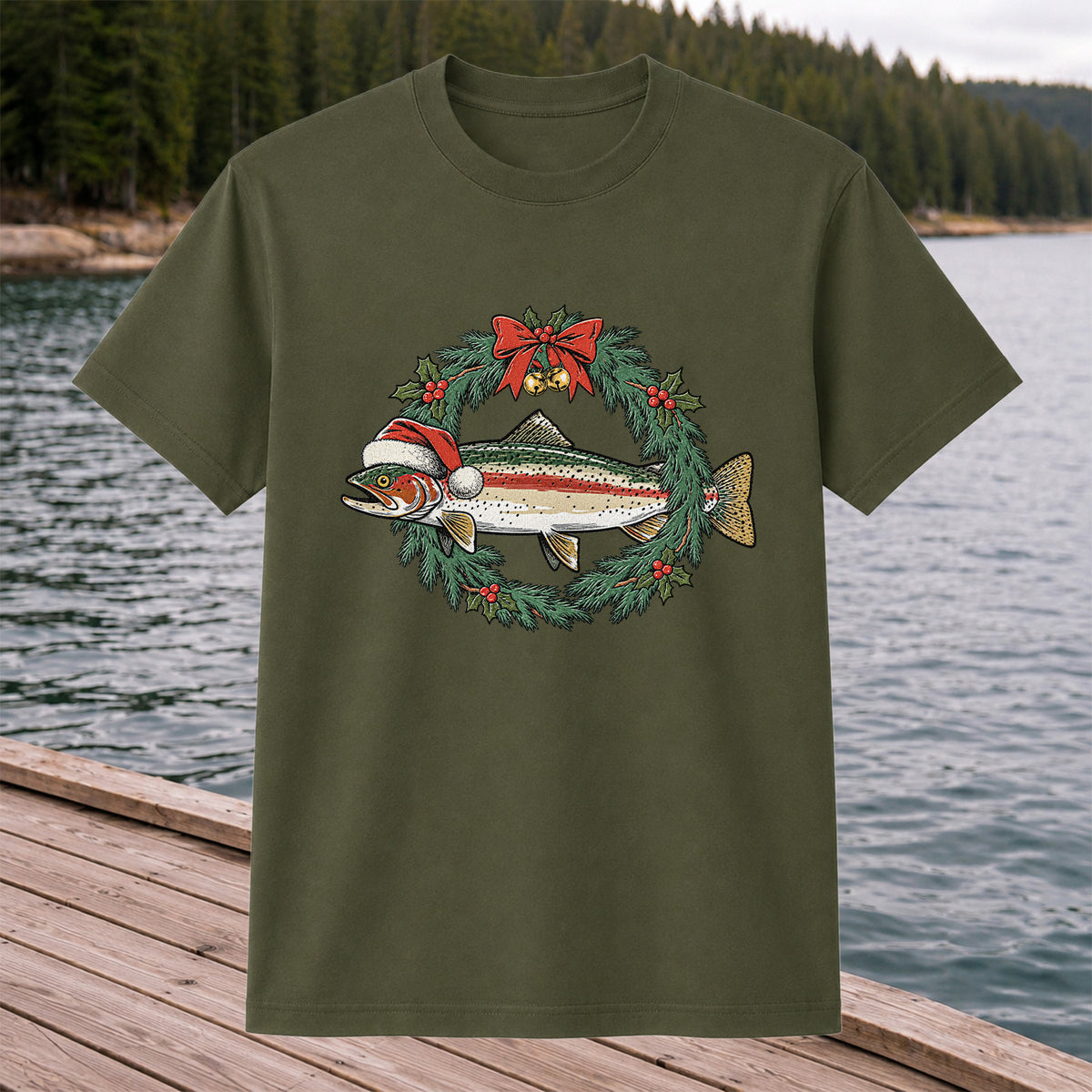 Christmas Trout Wreath Fishing Graphic T-Shirt