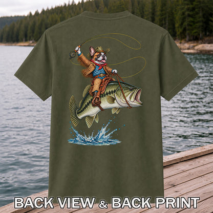 French Bulldog Cowboy Riding a Bass Fishing Graphic T-Shirt | Back Print