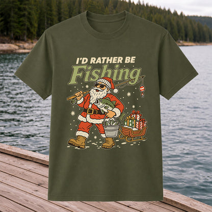 Santa Claus Fishing with Bass Christmas T-Shirt
