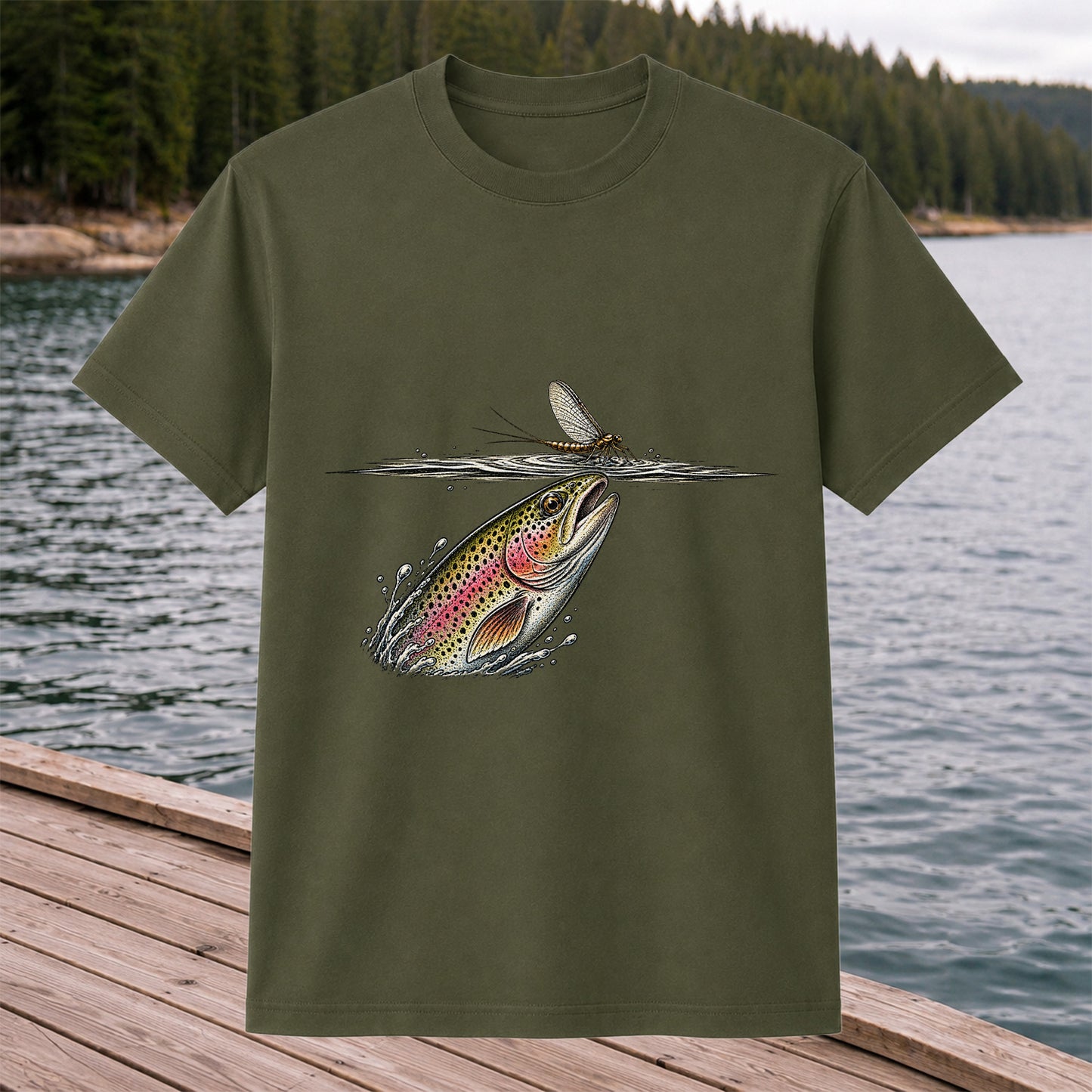 Rainbow Trout Rising to Mayfly Fishing Graphic T-Shirt
