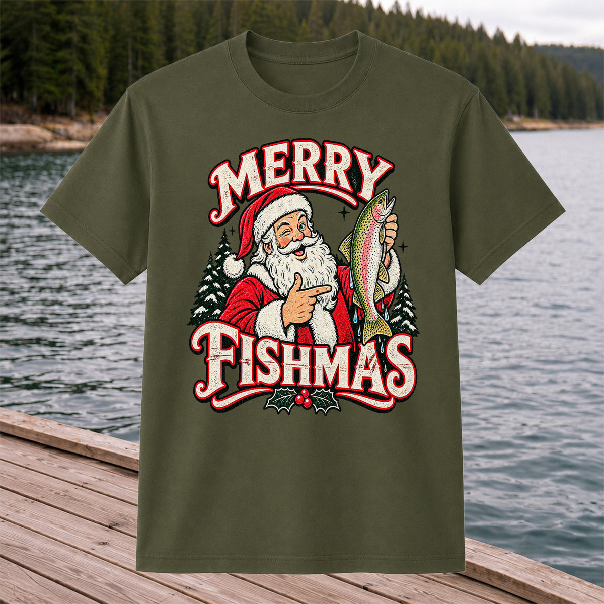 Merry Fishmas Santa Holding Rainbow Trout Christmas Fishing T-Shirt