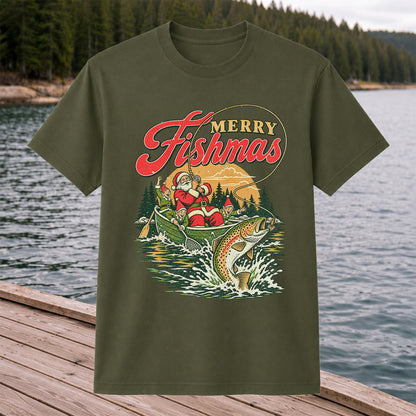 Merry Fishmas Santa and Elves Trout Fishing Christmas T-Shirt