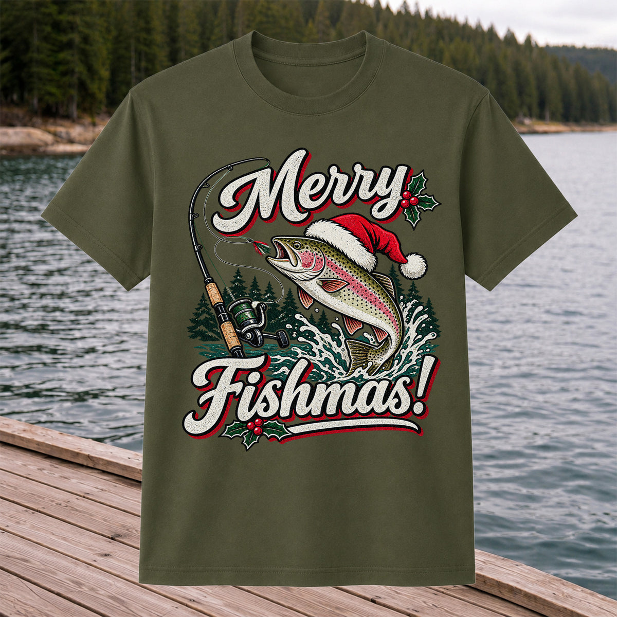 Merry Fishmas Rainbow Trout in Santa Hat Christmas Fishing T-Shirt, Trout Fishing