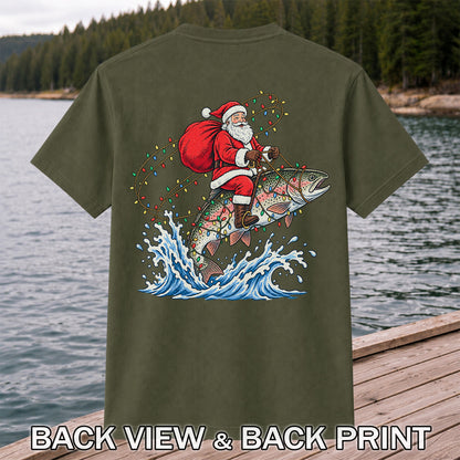 Santa Riding a Christmas-Lighted Rainbow Trout Fishing Graphic T-Shirt | Back Print