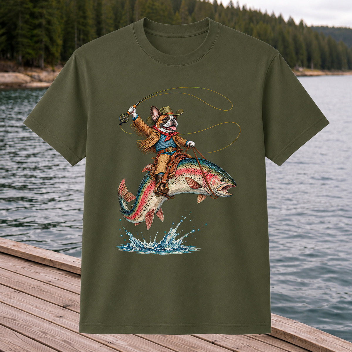 Cowboy French Bulldog Riding a Rainbow Trout Fishing T-Shirt