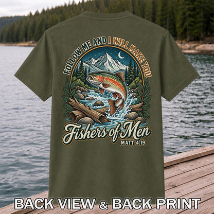 Follow Me and I Will Make You Fishers of Men Matt 4:19 Rainbow Trout Mountain River Fishing T-Shirt | Back Print