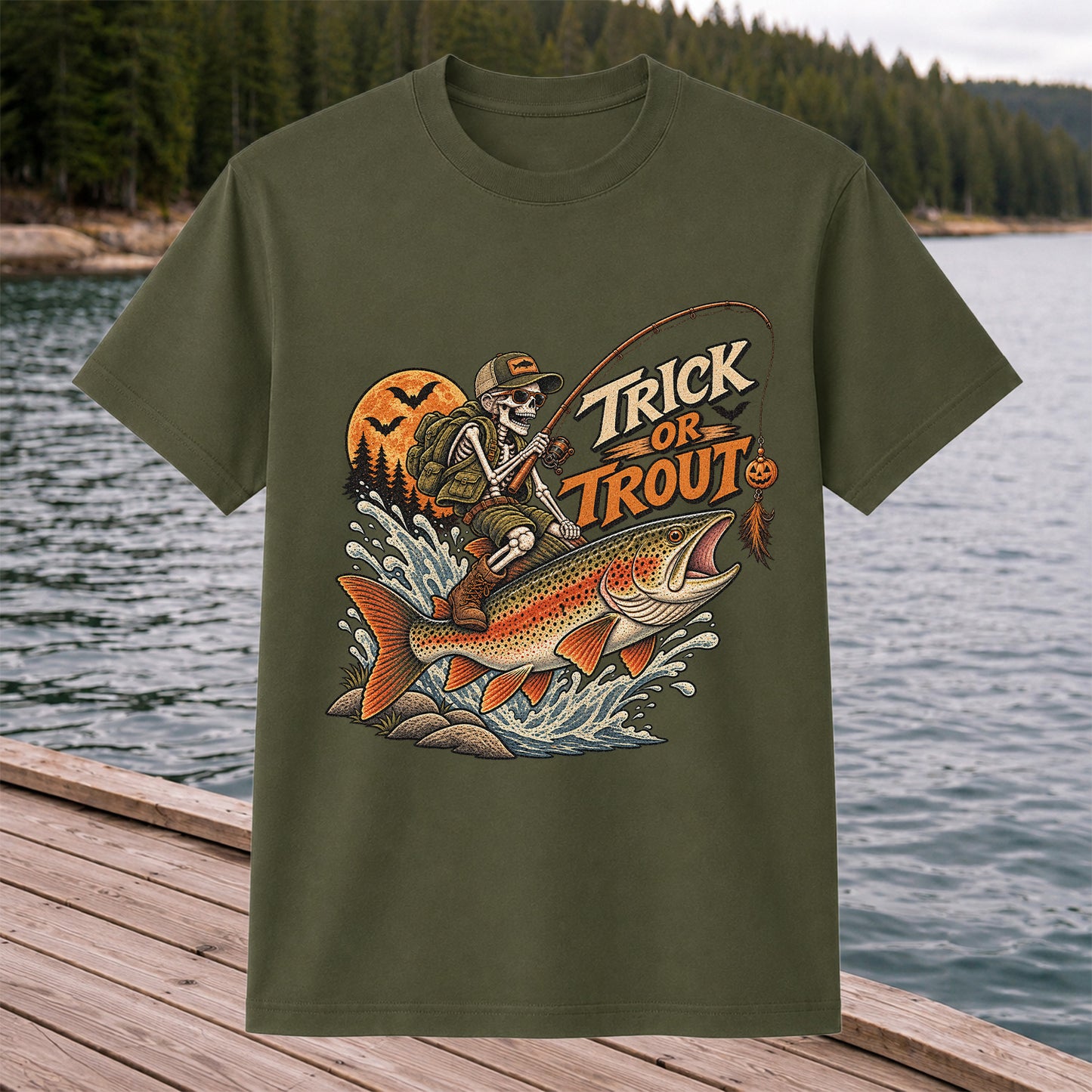 Trick or Trout Halloween Skeleton Angler Fishing T-Shirt