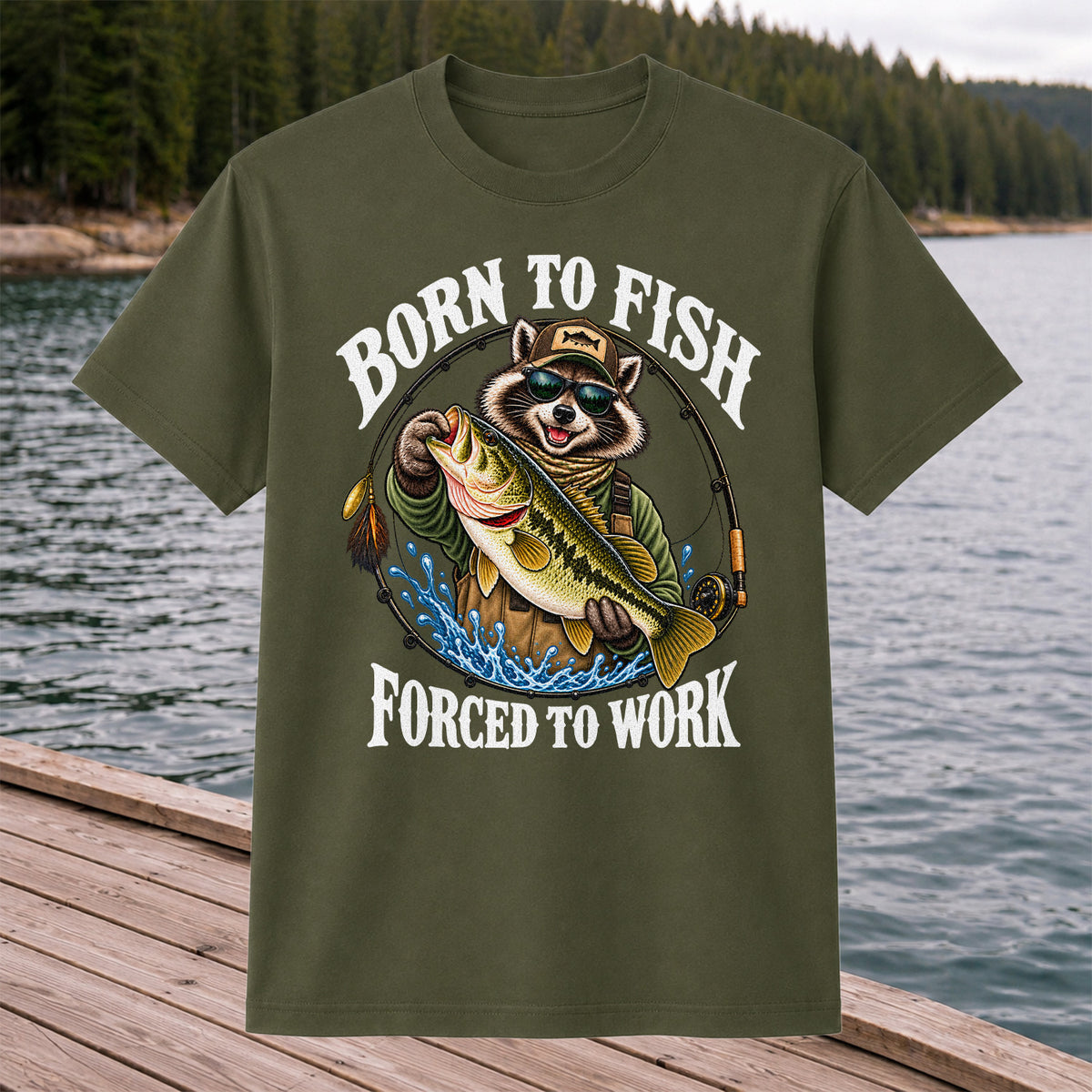 Born to Fish Forced to Work Raccoon Bass Graphic T-Shirt