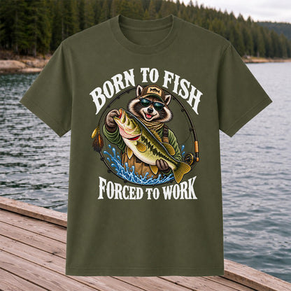 Born to Fish Forced to Work Raccoon Bass Graphic T-Shirt