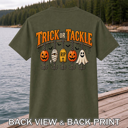 Trick or Tackle Pumpkin Ghost and Mummy Fishing Lures Halloween T-Shirt | Back Print