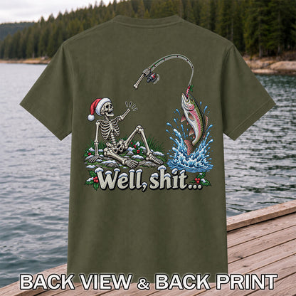 Well, Shit... Skeleton and Leaping Rainbow Trout Christmas Fishing T-Shirt | Back Print