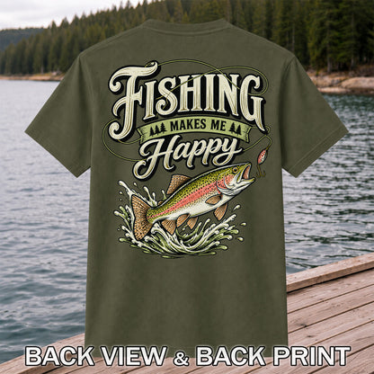 Fishing Makes Me Happy Rainbow Trout Vintage Graphic T-Shirt | Back Print