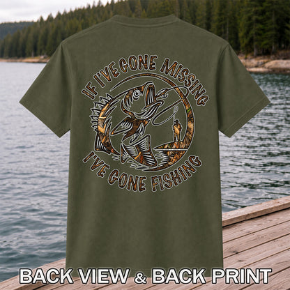 If I've Gone Missing I've Gone Fishing Jumping Bass Funny T-Shirt | Back Print