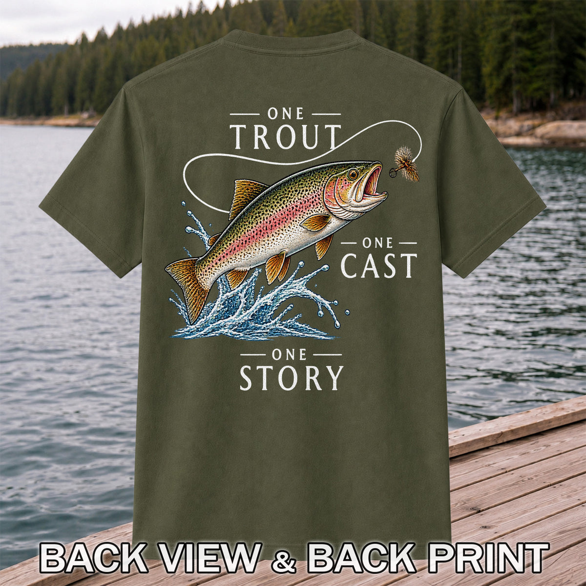 One Trout One Cast One Story Rainbow Trout Fly Fishing T-Shirt | Back Print