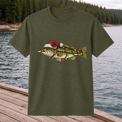 Christmas Bass Fishing Lights and Santa Hat Graphic T-Shirt