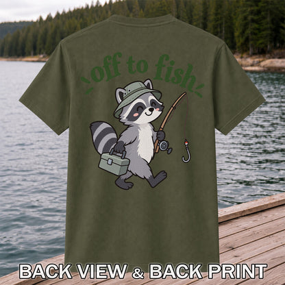 Off to Fish Cute Raccoon with Fishing Rod Graphic T-Shirt | Back Print