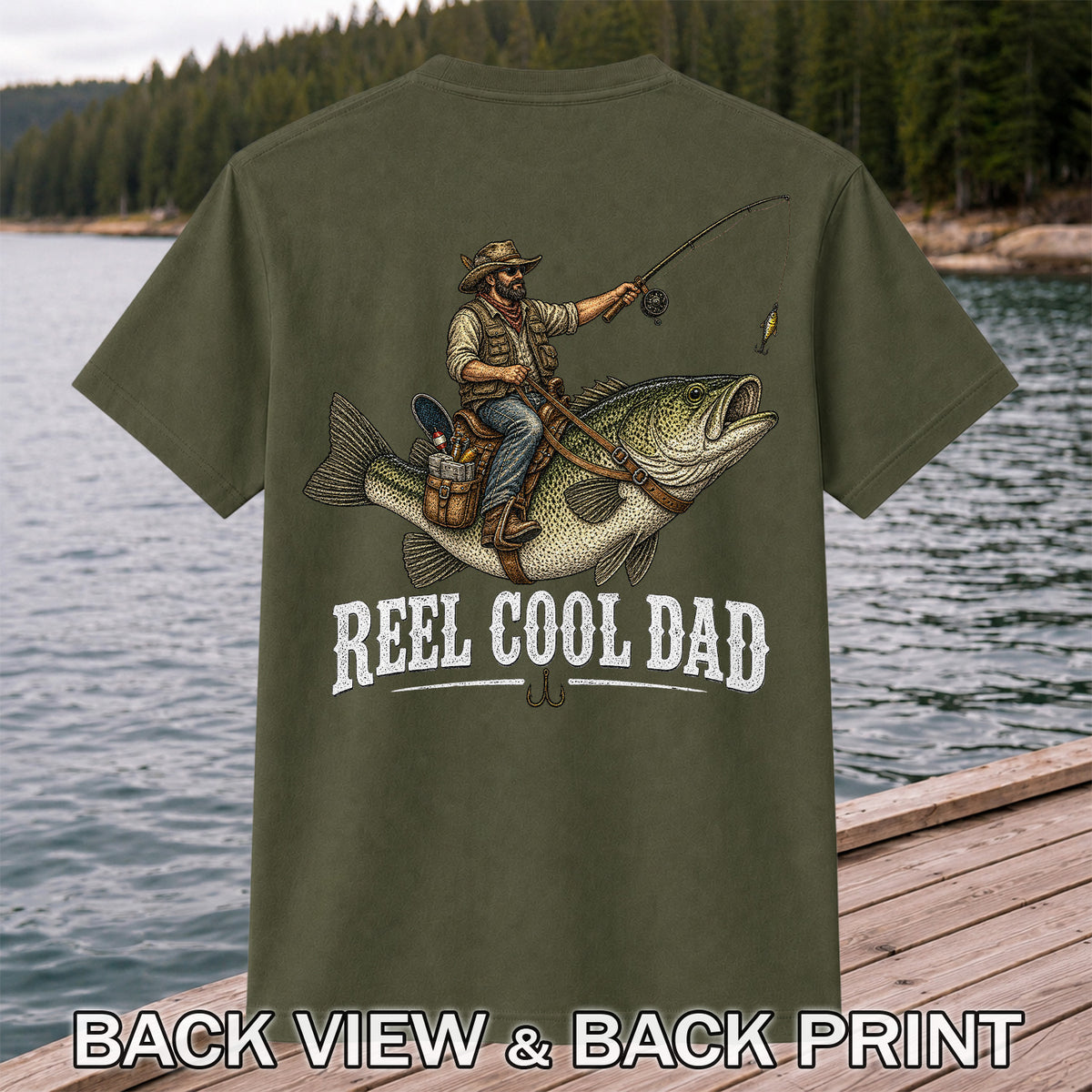 Reel Cool Dad Cowboy Riding a Bass Fishing Graphic T-Shirt | Back Print