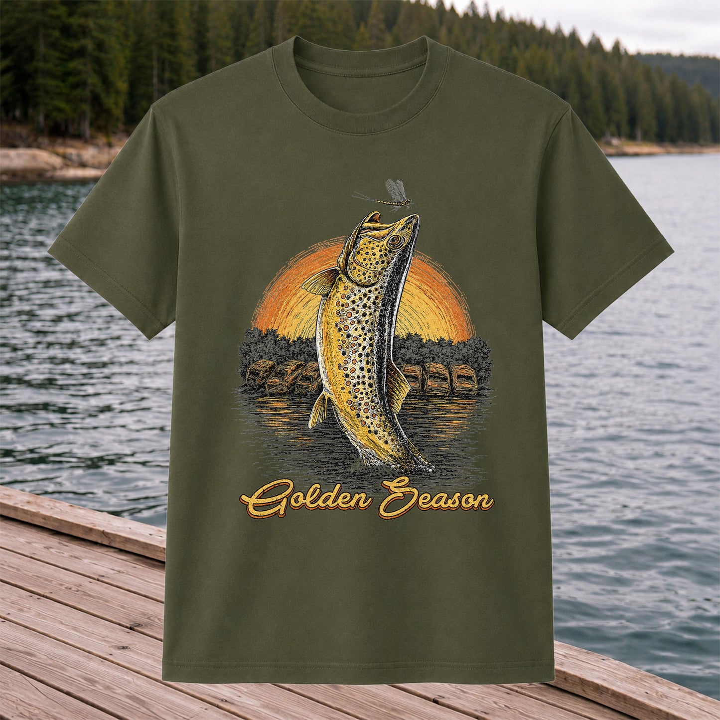 Golden Season Jumping Trout Sunset Fishing Graphic T-Shirt