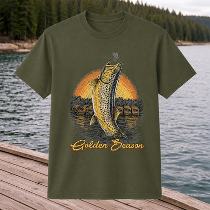 Golden Season Jumping Trout Sunset Fishing Graphic T-Shirt