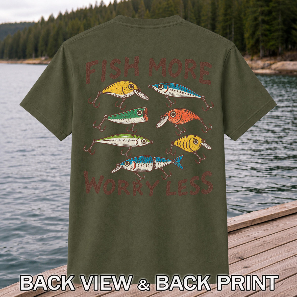 Colorful Fishing Lures and Hooks Graphic T-Shirt | Back Print