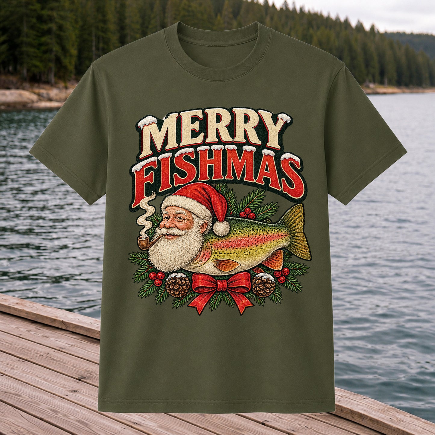 Merry Fishmas Santa Rainbow Trout Christmas Fishing T-Shirt