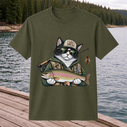 Cat Holding Rainbow Trout Fishing Graphic T-Shirt