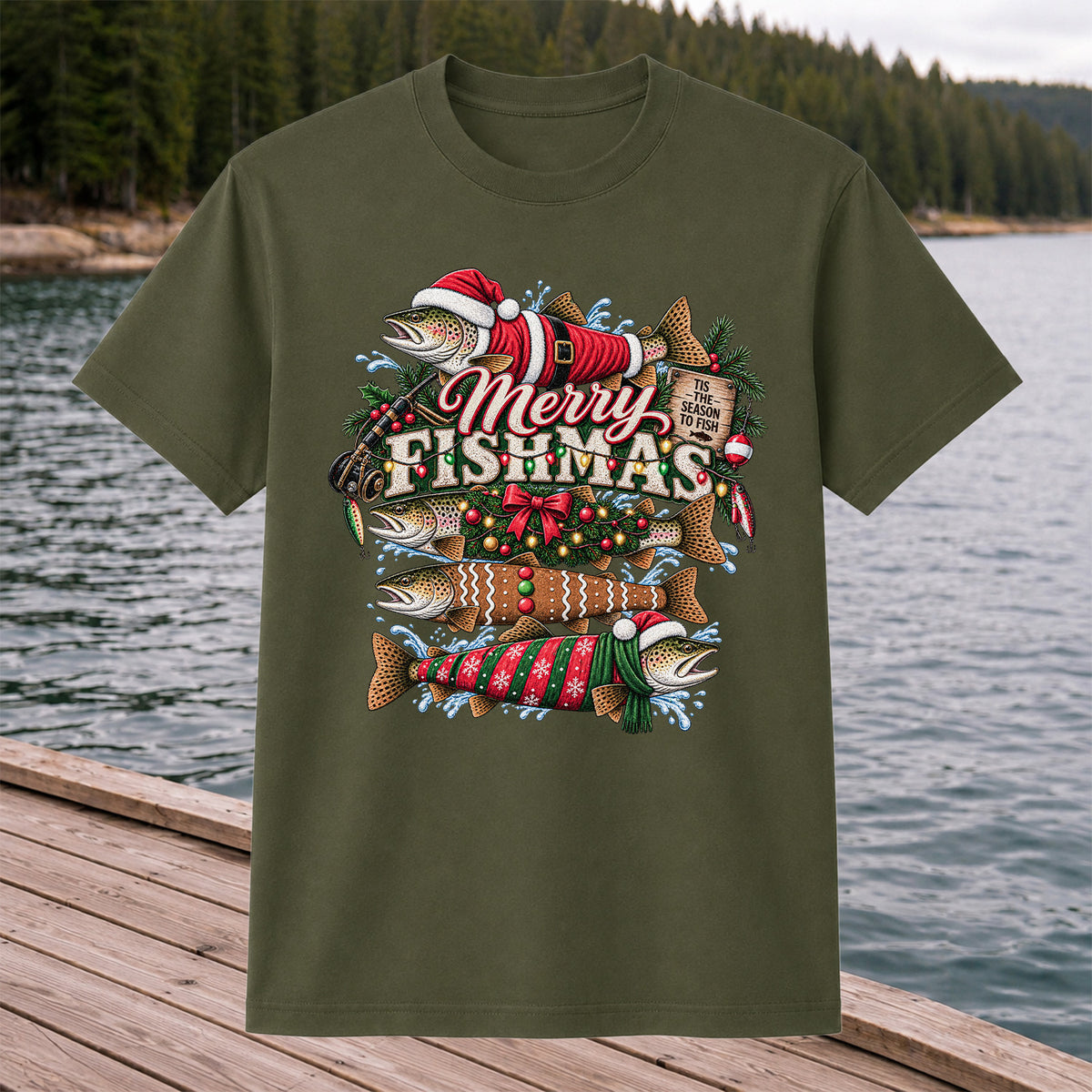 Merry Fishmas Tis the Season to Fish Christmas Trout T-Shirt