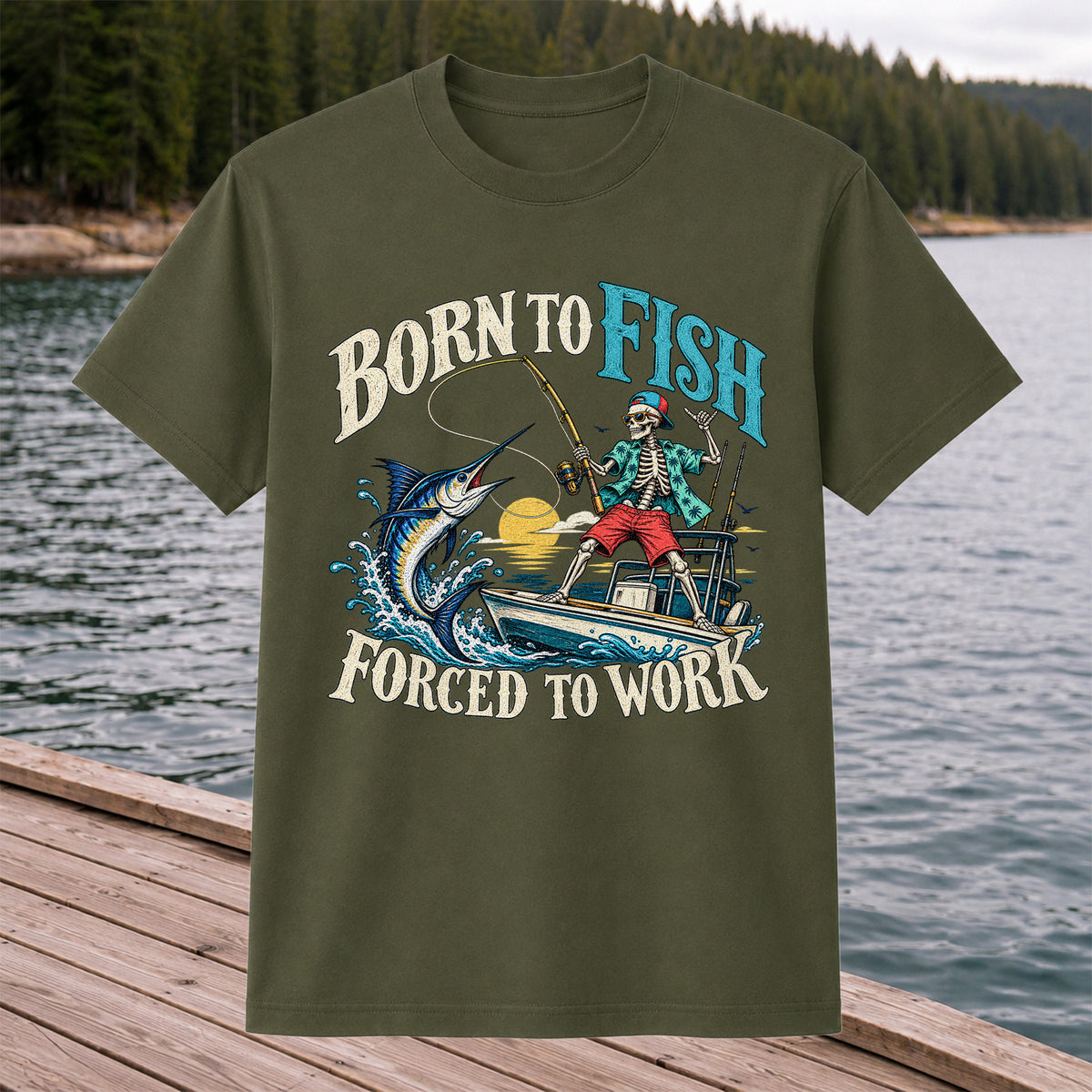 Skeleton Marlin Fishing Boat Graphic T-Shirt