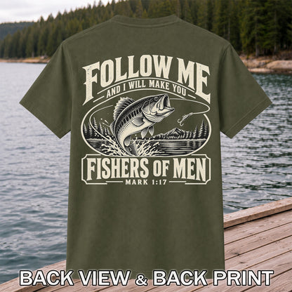 Follow Me Fishers of Men Christian Bass Fishing Graphic T-Shirt | Back Print