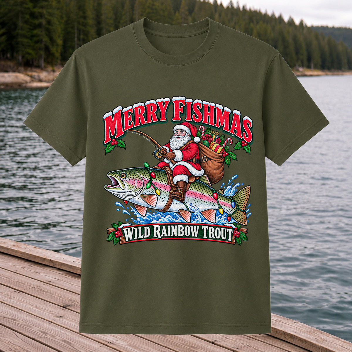 Merry Fishmas Santa Riding a Wild Rainbow Trout Christmas Fishing T-Shirt