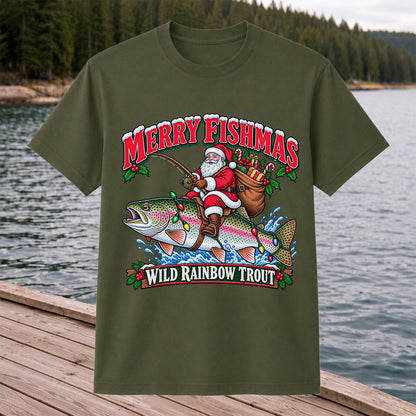 Merry Fishmas Santa Riding a Wild Rainbow Trout Christmas Fishing T-Shirt