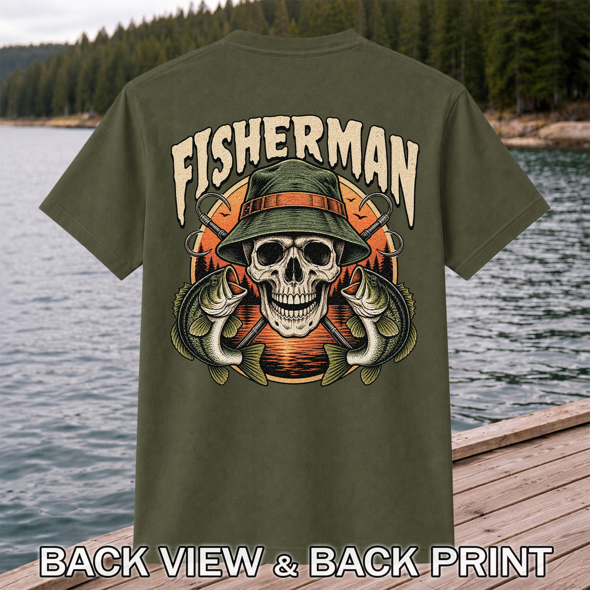 Fisherman Skull with Bucket Hat and Bass Fishing Graphic T-Shirt | Back Print