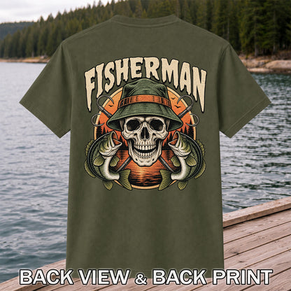 Fisherman Skull with Bucket Hat and Bass Fishing Graphic T-Shirt | Back Print