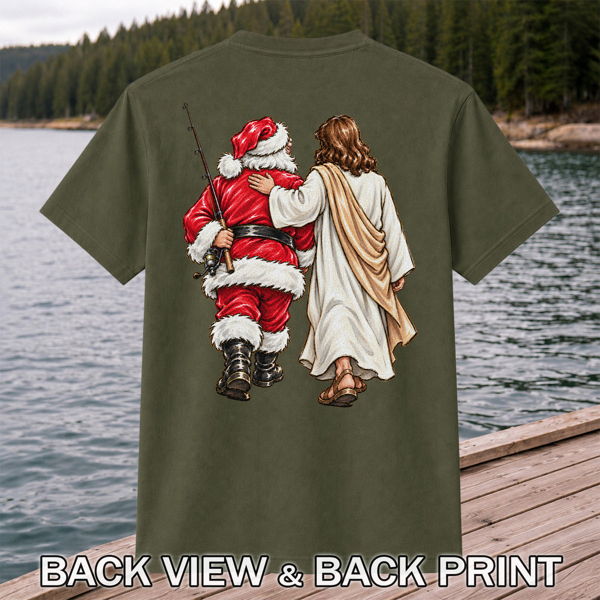 Santa and Robed Companion Fishing Graphic T-Shirt | Back Print