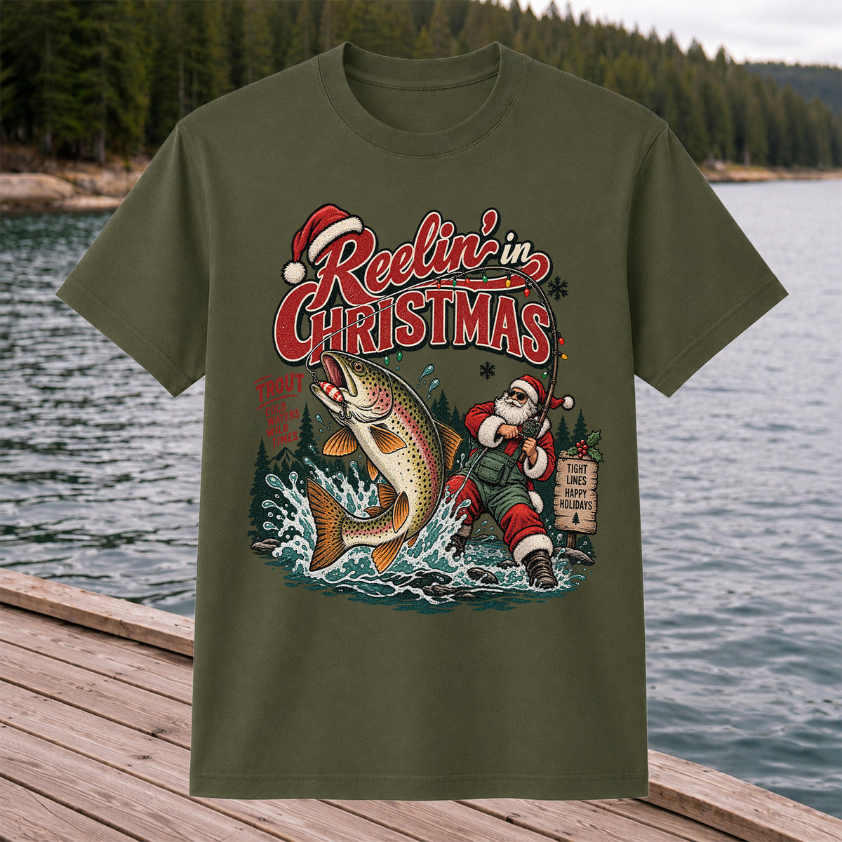 Reelin' in Christmas Santa and Rainbow Trout Fishing T-Shirt