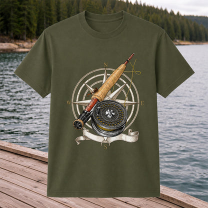 Vintage Fly Fishing Rod Reel and Compass Graphic T-Shirt