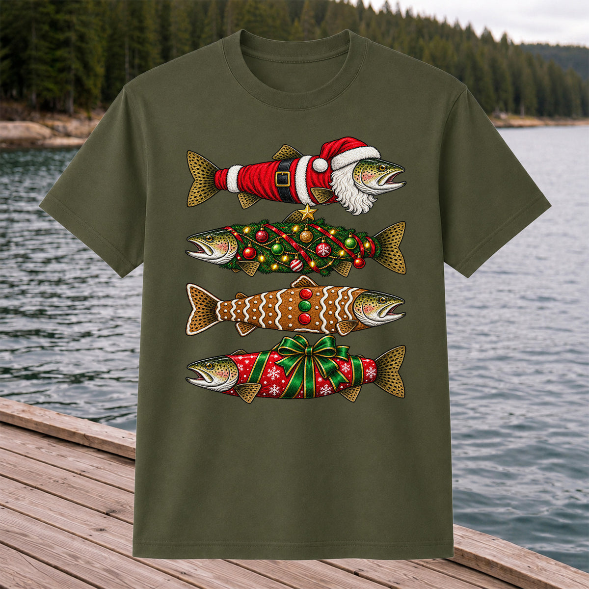 Festive Christmas Trout Santa and Gingerbread Fishing T-Shirt