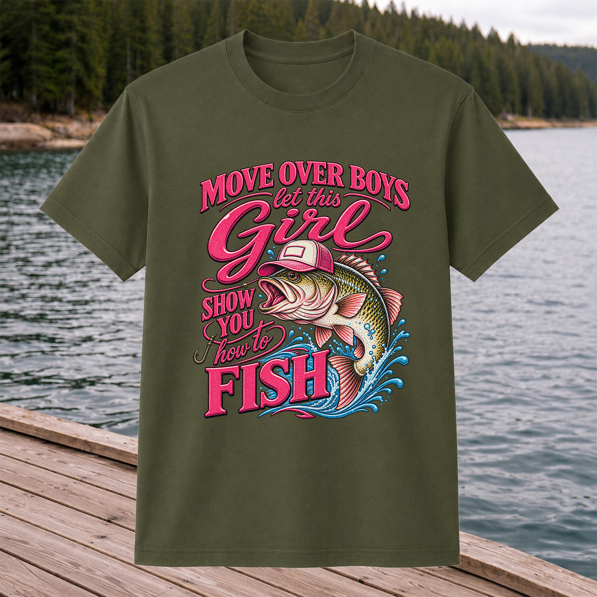 Move Over Boys Let This Girl Show You How to Fish Bass in Pink Hat Fishing T-Shirt
