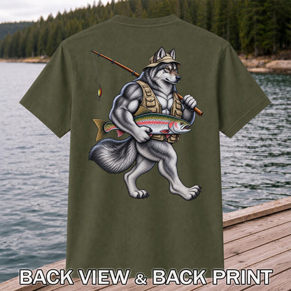 Wolf Angler Holding Rainbow Trout Fishing Graphic T-Shirt | Back Print