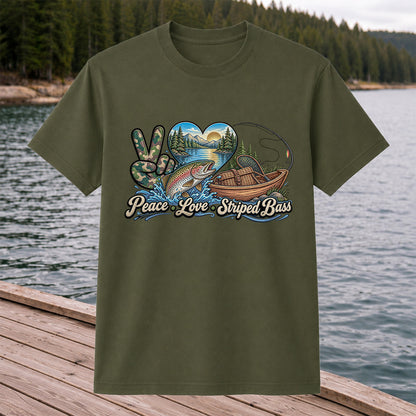 Peace Love Striped Bass Lake and Boat Fishing Graphic T-Shirt