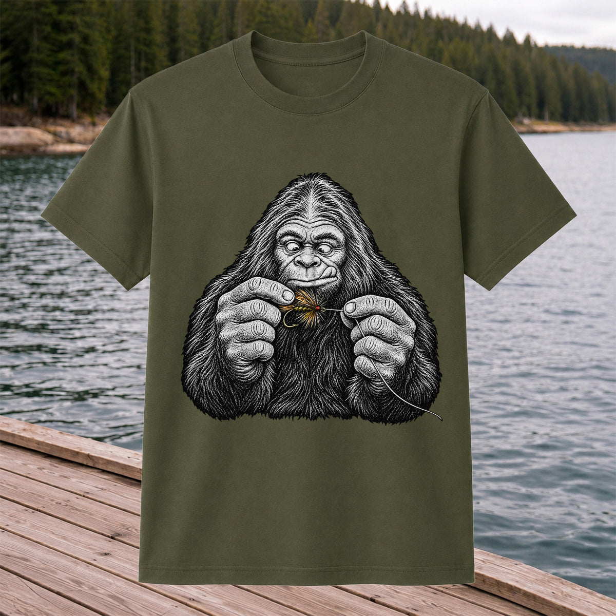 Bigfoot Tying a Fly Fishing Lure Graphic T-Shirt