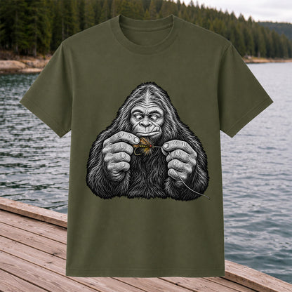 Bigfoot Tying a Fly Fishing Lure Graphic T-Shirt