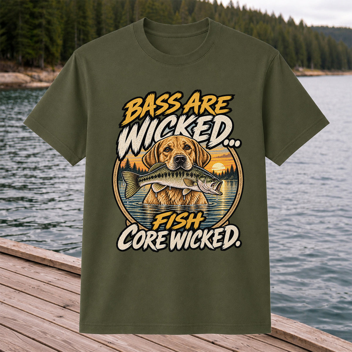 Bass Are Wicked Fish Core Wicked Dog Holding Bass Fishing T-Shirt