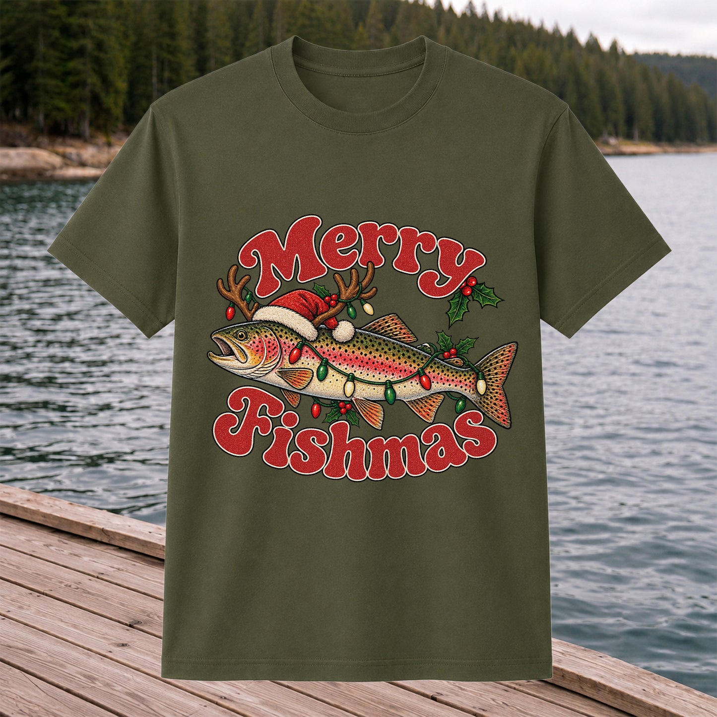 Merry Fishmas Reindeer Rainbow Trout Christmas Fishing T-Shirt