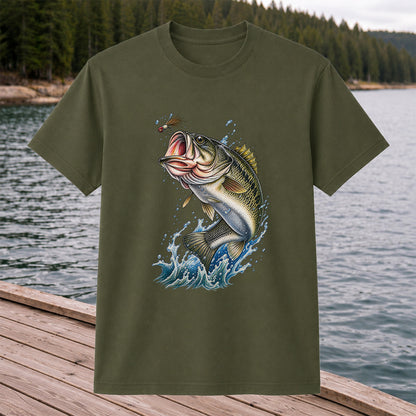 Largemouth Bass Leaping for a Fly Fishing Graphic T-Shirt